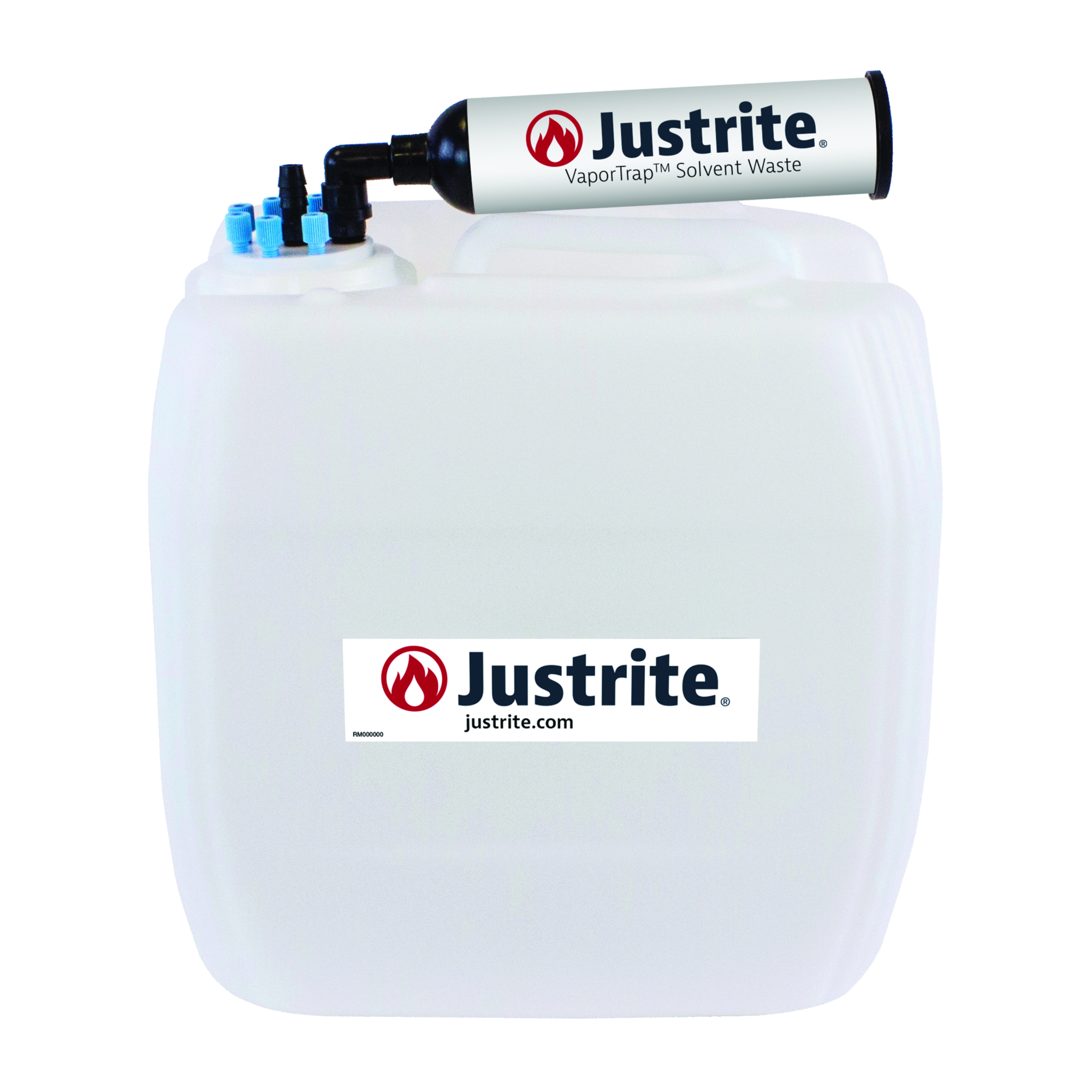 Justrite HDPE Carboy with Filter Kit — 13.5 Liters, UN/DOT Certified, VaporTrap, 6 Ports 1/8in. OD Tubing, 1 Port 1/4in. or 3/8in. Hose Barb, 70mm Cap, Model# 12840